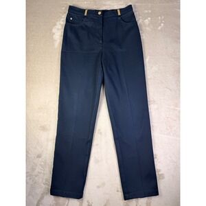 St John Sport Marie Gray Navy Blue Cotton Straight Leg Pants Sz 4 Gold Hardware